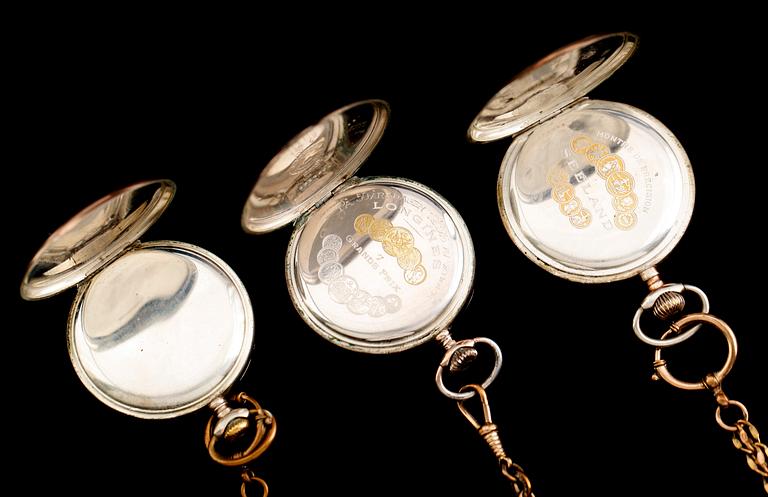 FICKUR, 3 st, silver, Longines, Seeland. Omkring år 1900.