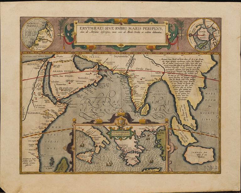 ABRAHAM ORTELIUS, map, copper engraving "Erythraei Sive Rubri Maris Periplus..." early 17th century.