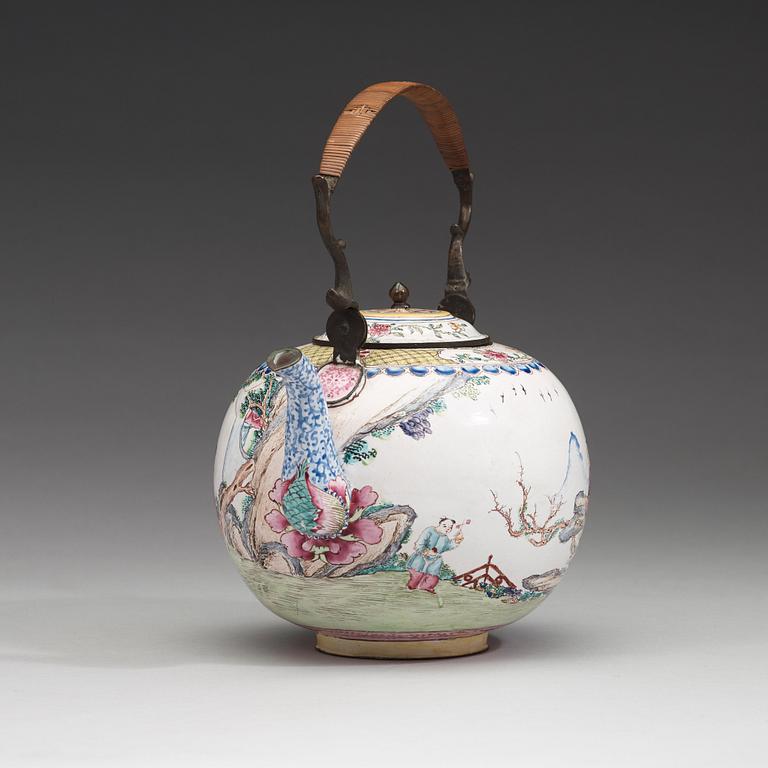 An export enamel on copper tea pot with cover, Qing dynasty, 18th Century.