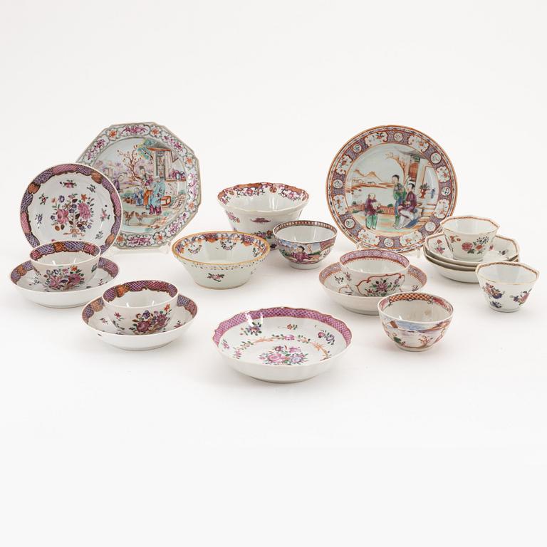 A group of seven famille rose cups with saucers, two bowls and two small dishes, Qing dynasty, Qianlong (1736-95).