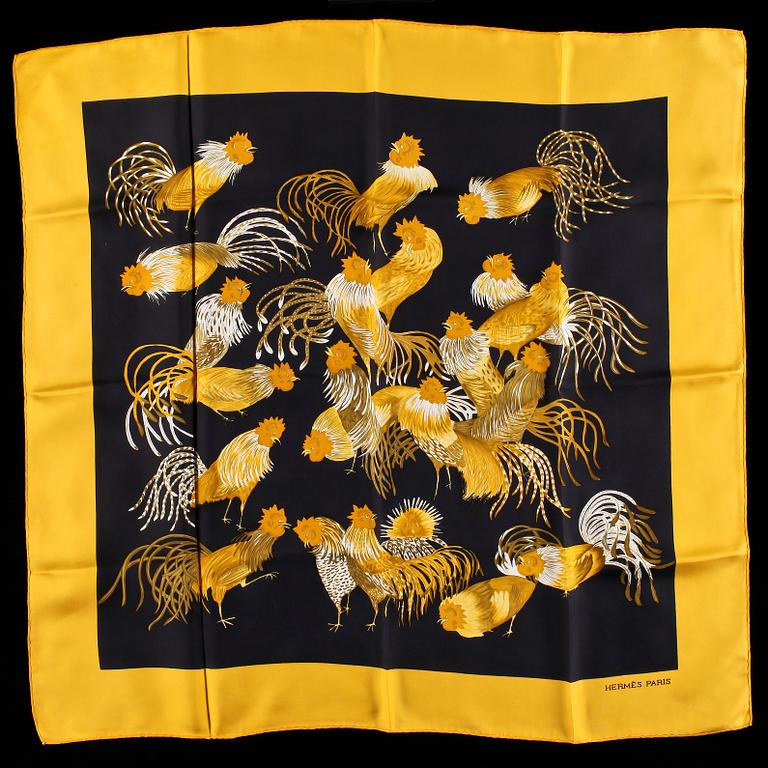 A set of three silk scarves by Hermès, "Etriers" and "Thalassa".