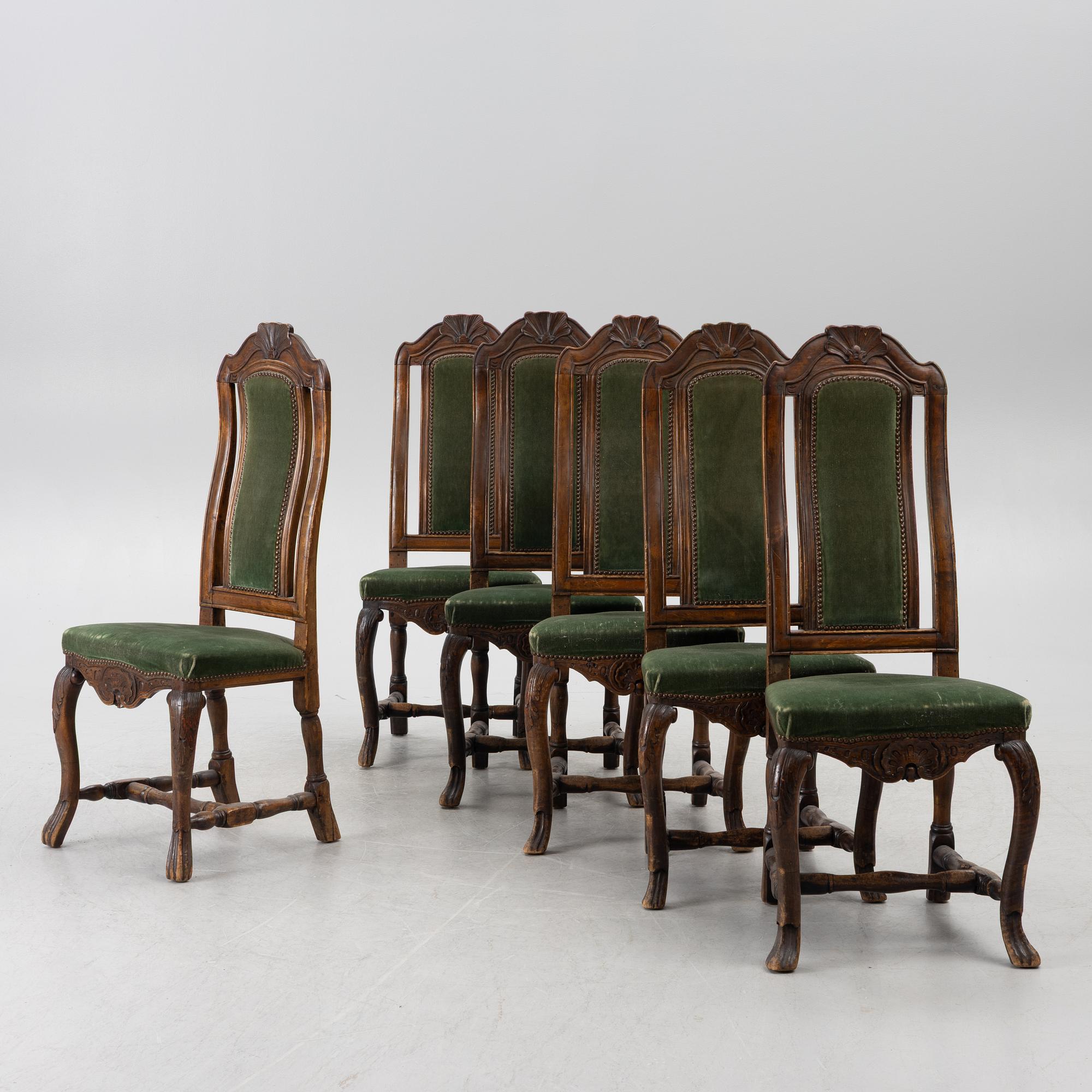 Six late Baroque chairs, 18th century.