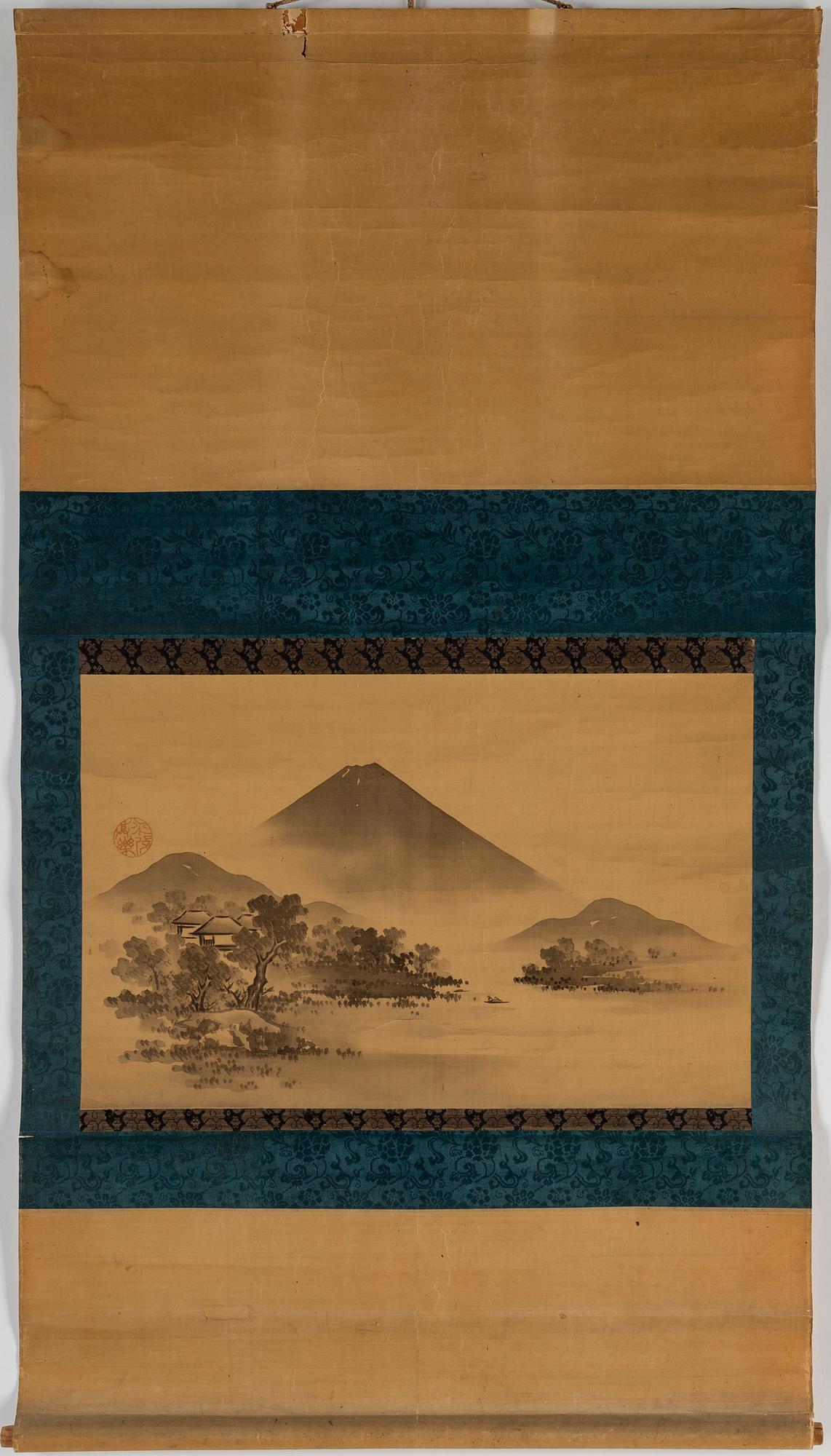 RULLMÅLNINGAR, tre styckern, tusch och färg på papper. Japan, 1900-talets första hälft.