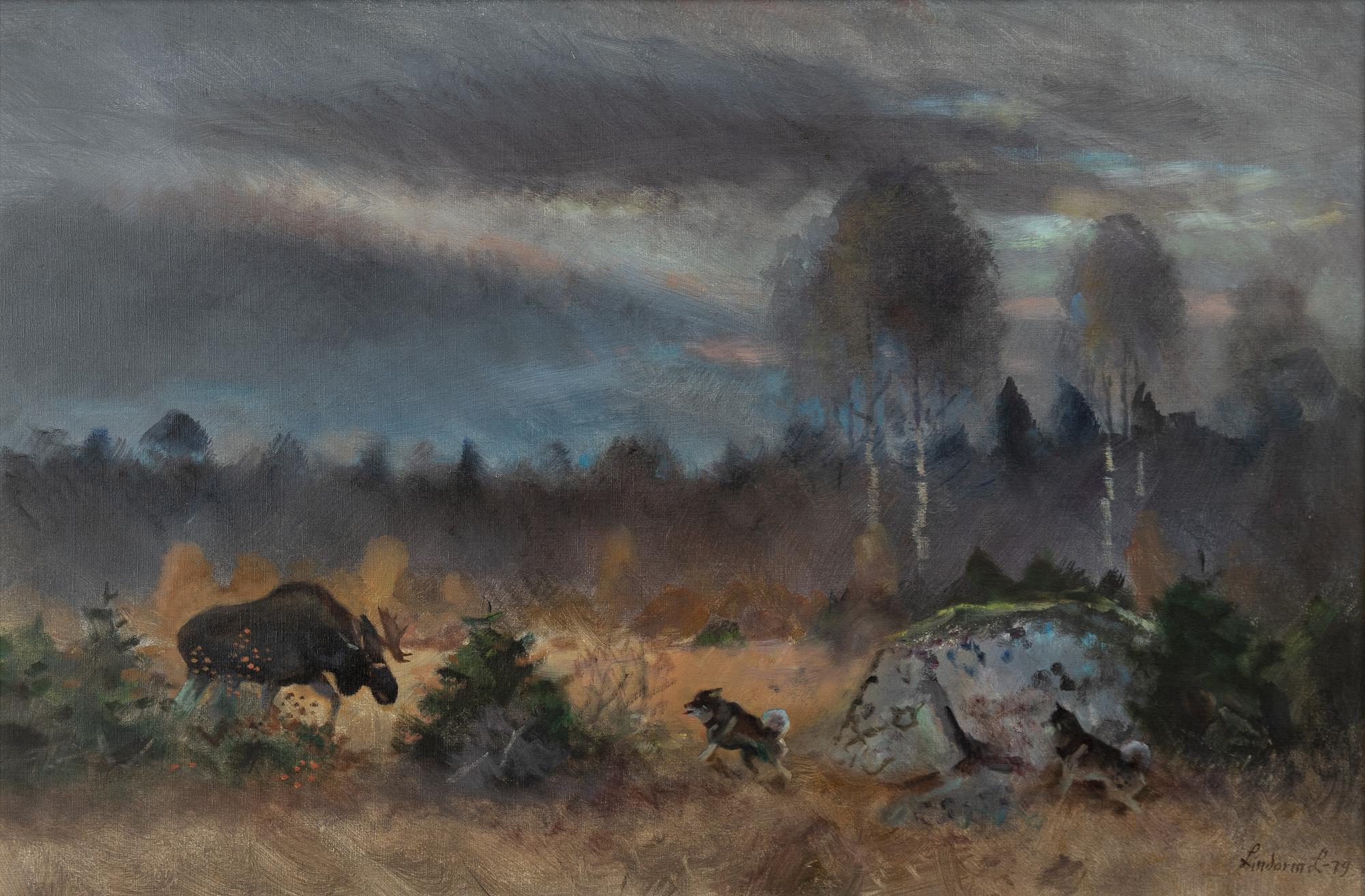 Lindorm Liljefors, Moose and Dogs in a Bog.