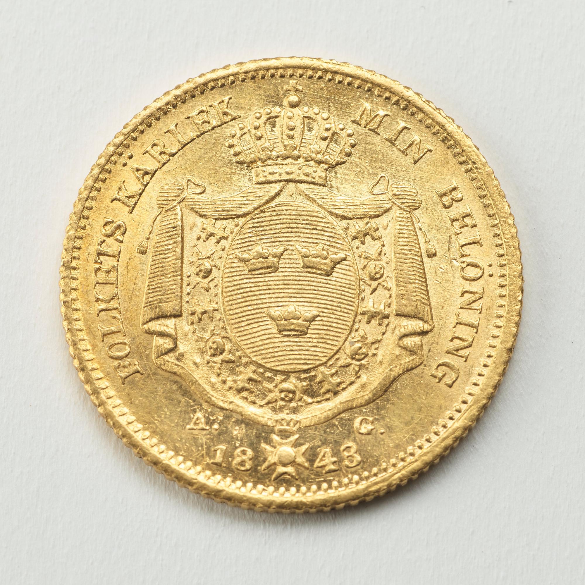 A gold 2 ducat coin Karl XIV Johan of Sweden, 1843.