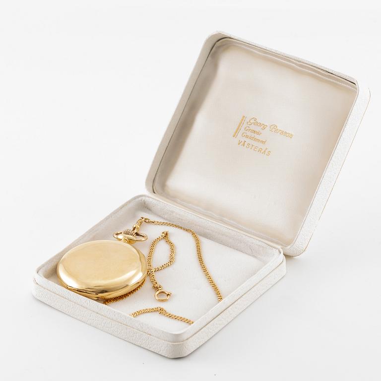 Longines, pocket watch, hunter, 18K gold with chain, 52 mm.