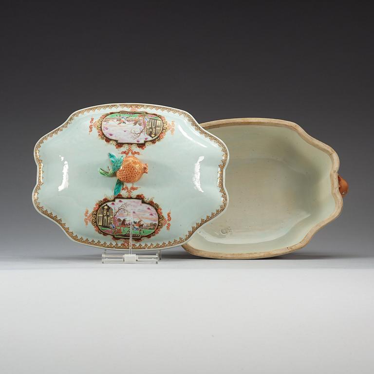 A famille rose 'European Subject' tureen with cover and stand, Qing dynasty, Qianlong (1736-95).