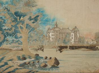 AN EMBROIDERY, ivory coloured silk, the Royal Palace Strömsholm, ca 34,5 x 48,5 cm, Sweden around 1800.