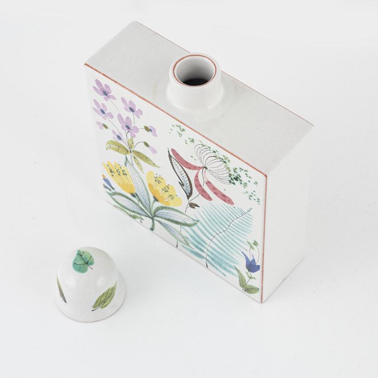Stig Lindberg, faience, bowl and tea caddy with lid. Hand-painted floral decoration.