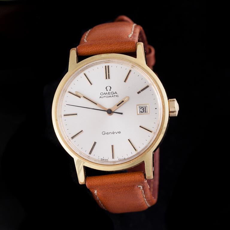 ARMBANDSUR, herr, Omega Automatic Geneve, guld på stål. Läderarmband. 1900-talets senare hälft.