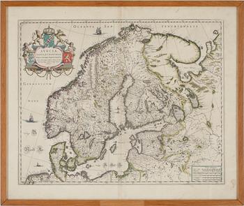KARTA, handkolorerad, Andreae Buraei de Boo, efter, "Svecia, Dania et Norvegia, (1571-1646). 1700-tal.