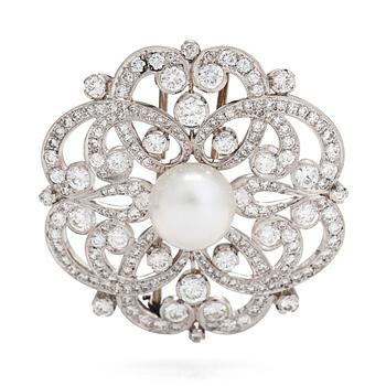 A.Tillander, a platinum brooch, set with brilliant-cut diamonds totalling approximately 2.11 ct and a cultured pearl.