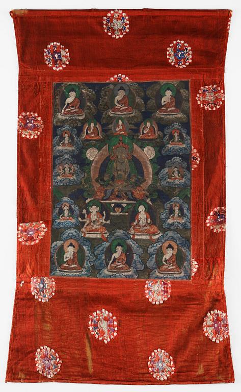 THANGKA (2), Bodhisattvas omgivna av buddhistiskt panteon, Beijing School, 1920-tal.