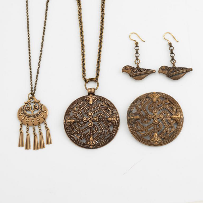 Kalevala, two necklaces, brooch and earrings, bronze, Finland.