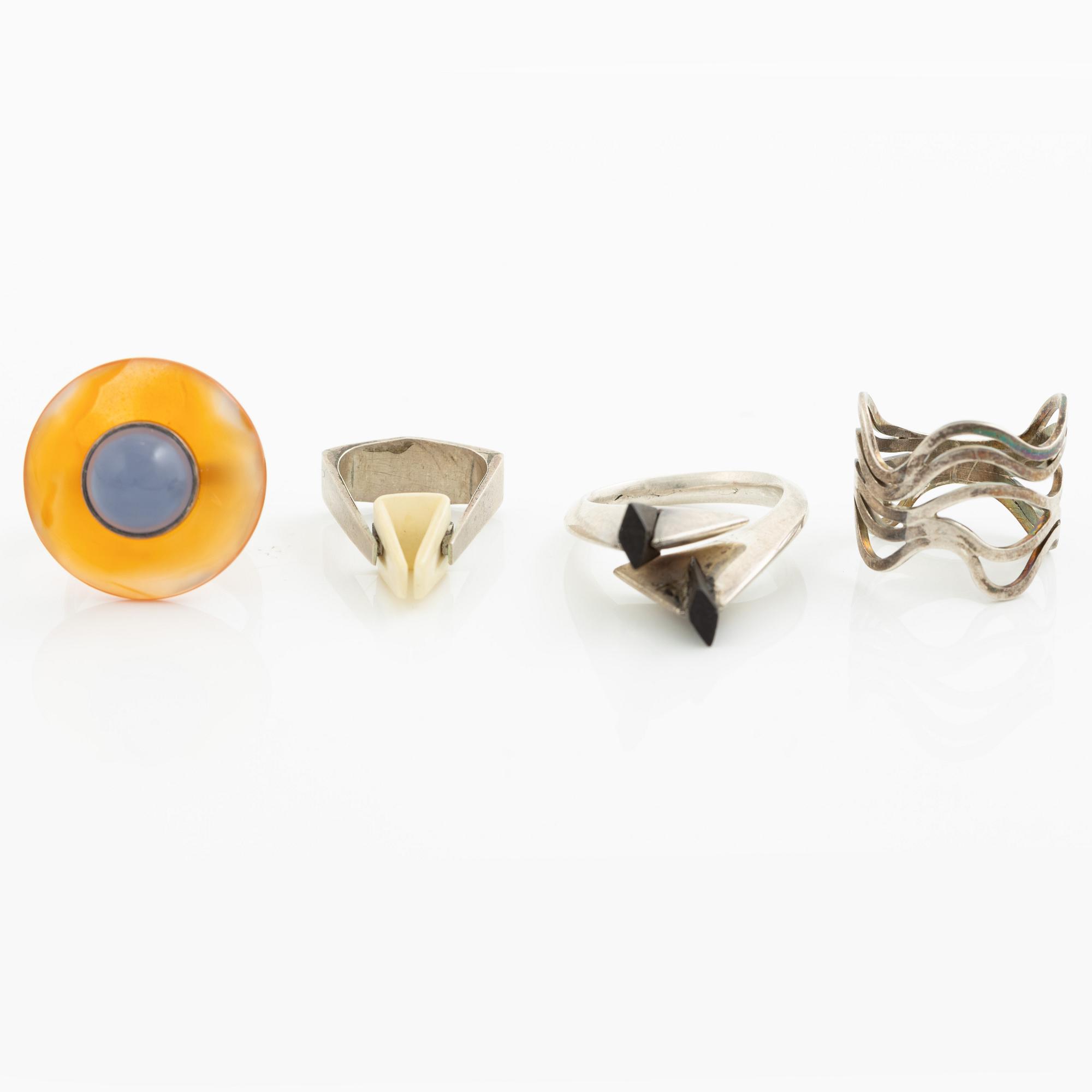 Four rings, silver and including carnelian, among others Cecilia Johansson, Gothenburg 1968.