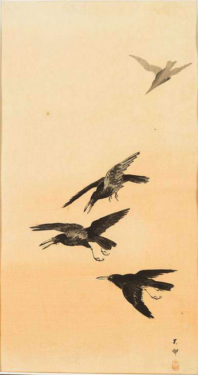 Ohara Koson, 'Four crows in flight', 'Geese and a full moon', 'Wisteria and bee'.