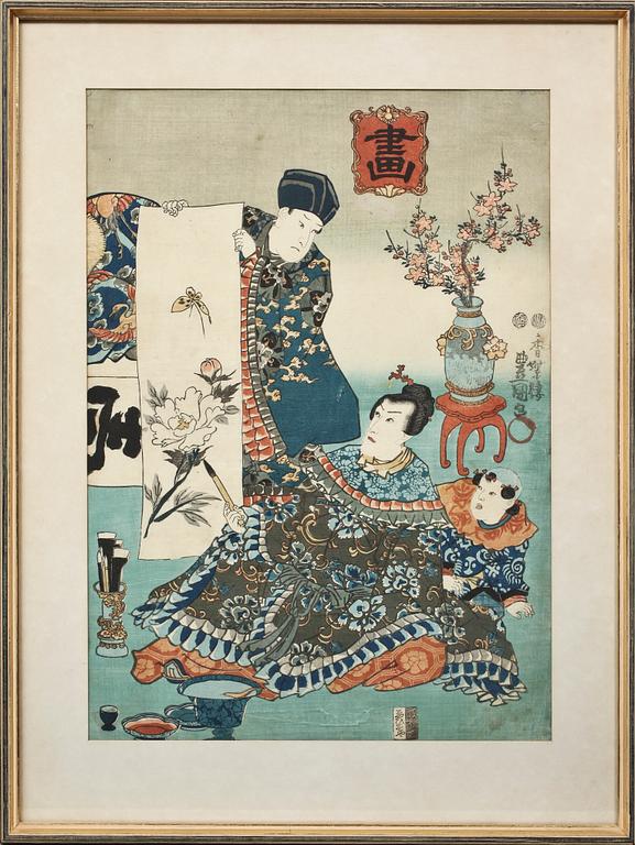 JAPANSKA TRÄSNITT, 2 st, Kunisada och Toyokuni III, 1700/1800-tal.