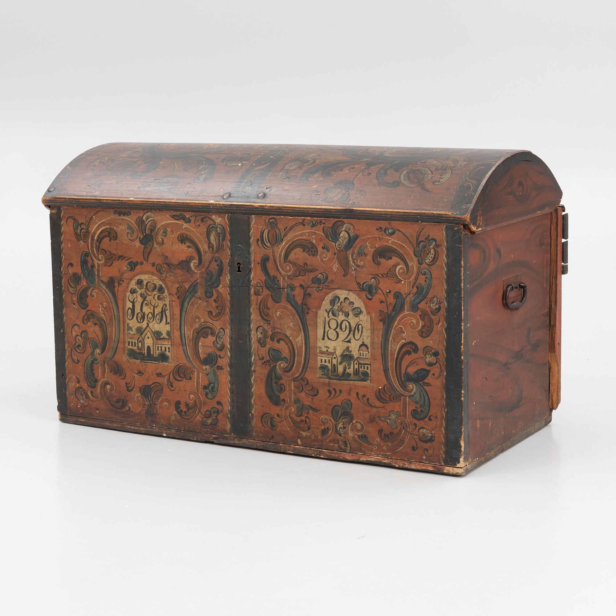 A wooden Dalecarlian chest, Sweden, dated 1820.