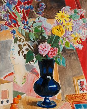 Isaac Grünewald, Still life with flowers in a blue vase.