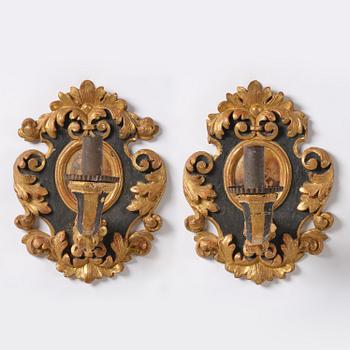 Wall sconces, a pair for one candle, Italy, 19th century, Baroque style.