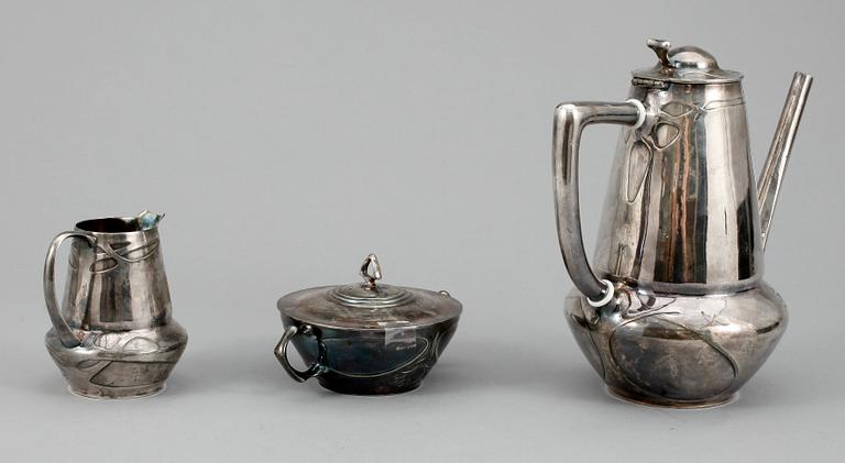 KAFFESEVIS, 3 delar, jugend, Urania, troligen Friedrich Adler, försilvrad metall, 1900-talets början.