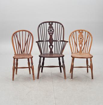KARMSTOL och STOLAR, 2 st, Windsor-modell, 1800 och 1900-tal.