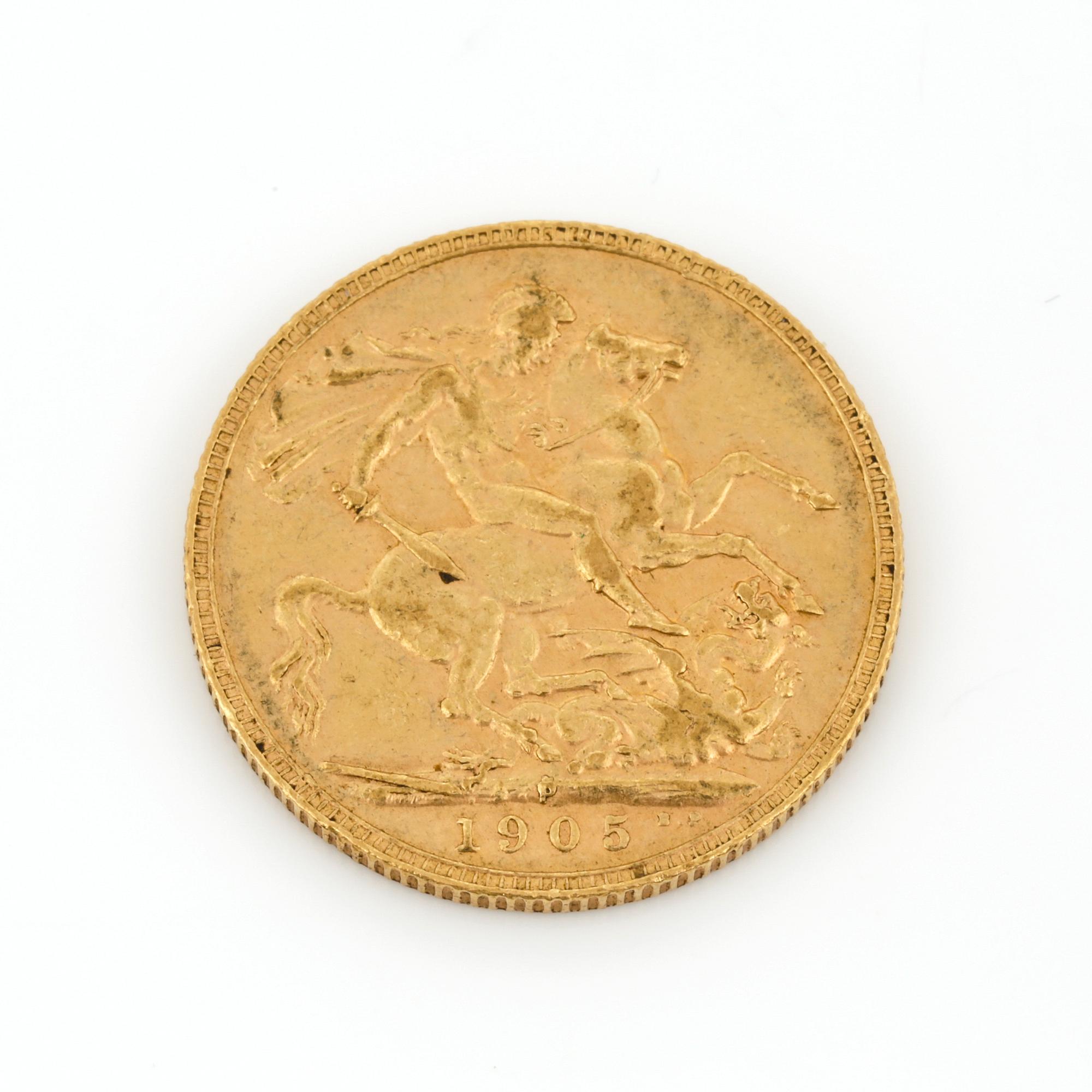 GULDMYNT, sovereign, Edward VII, Storbritannien, 1905. Vikt ca 8 gram.