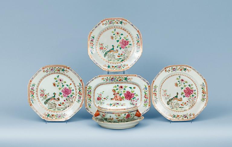 A five piece famille rose 'double peacock' service, Qing dynasty, Qianlong (1736-95).