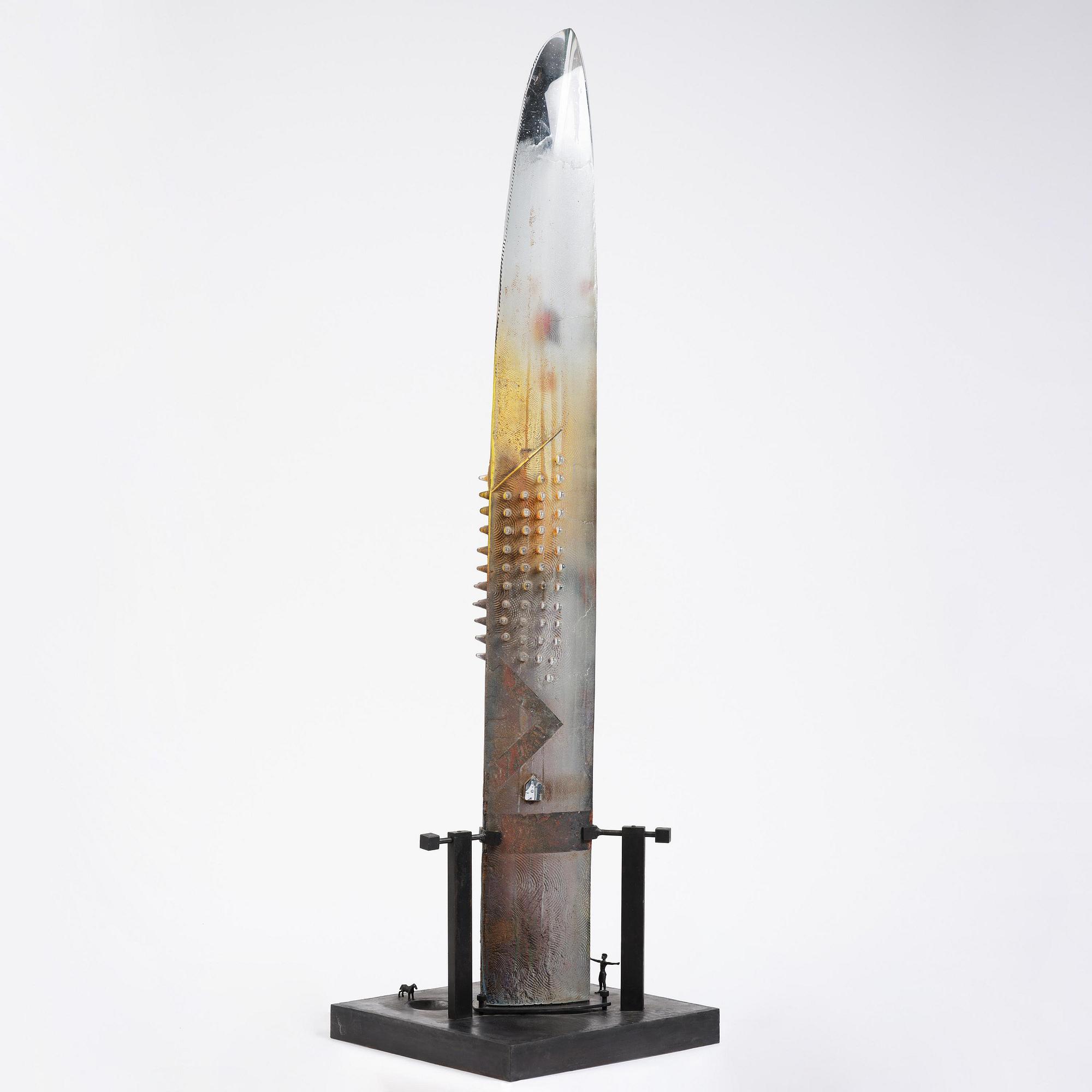 Bertil Vallien, a sand cast glass sculpture of a standing half-boat, Kosta Boda, Sweden.