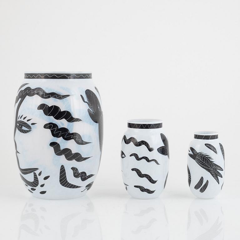 Ulrica Hydman-Vallien, a group of three glass vases, Kosta Boda.