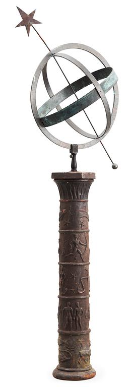 A Johannes Dahl copper and black lacquered cast iron sundial on column, Näfveqvarns Bruk.