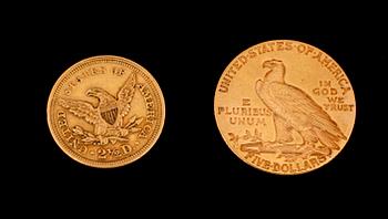 MYNT, 2 st, guld, 1855 samt 1909, USA.