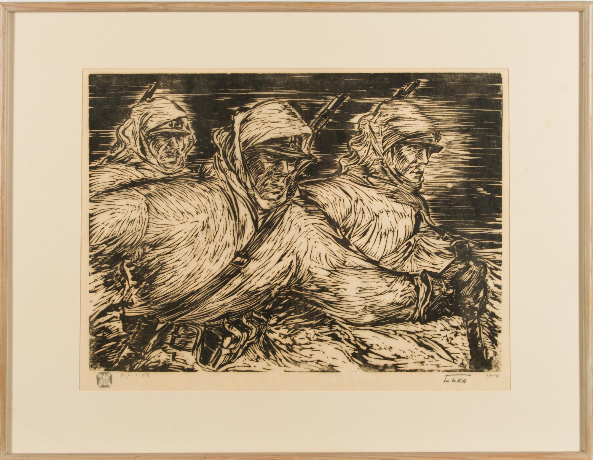 AUKUSTI TUHKA, puupiirros, signeerattu, päivätty 1939-41 ja merkitty K.p.v. 1959 ja leimattu.