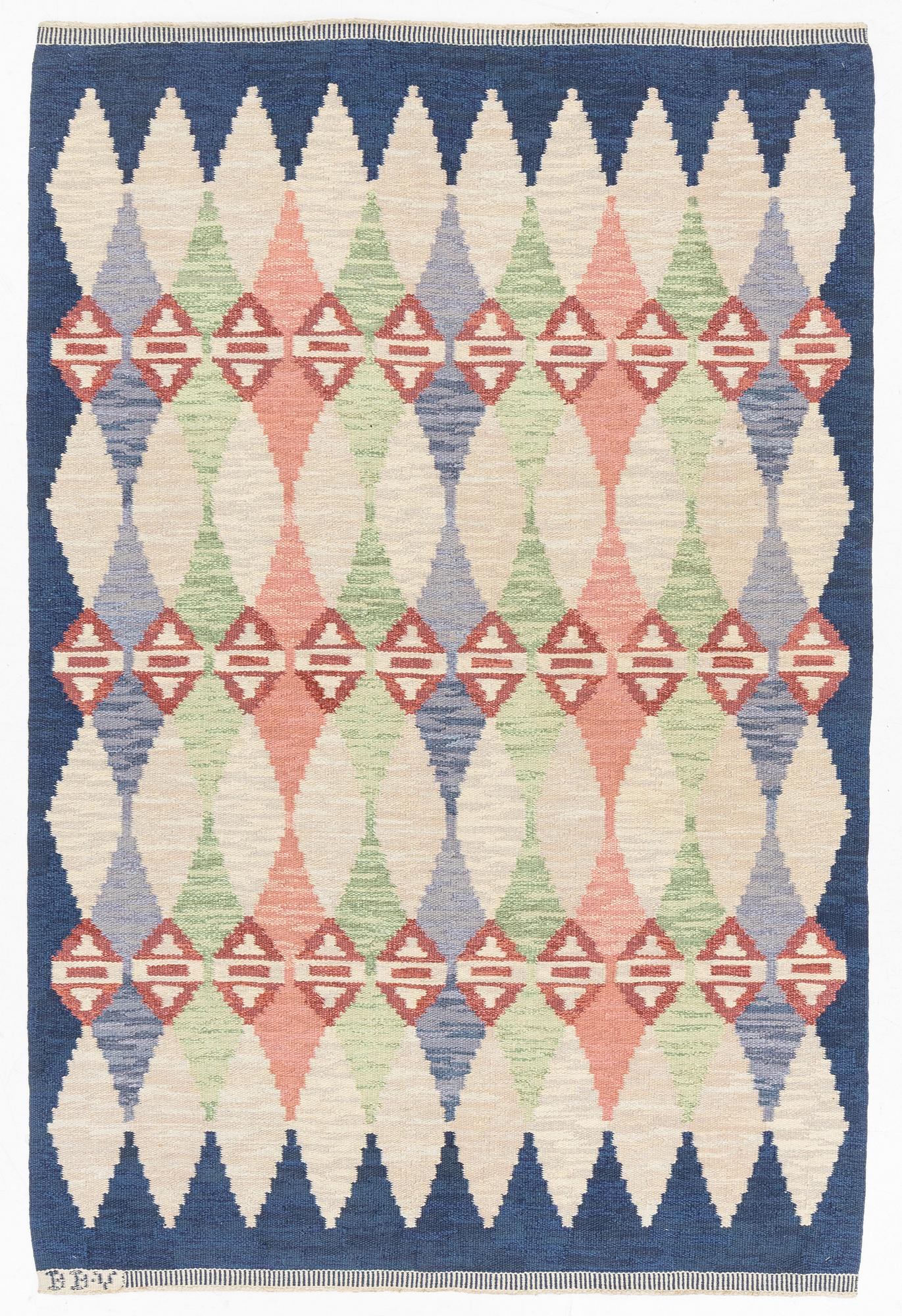 Bittan Bergh-Valberg, a carpet, "Kaleidoscope", flat weave, c 245 x 164 cm, signed BBV.