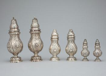 STRÖARE, 6 st, silver, Rokokostil, 1900-tal. Total vikt ca 706 gr.