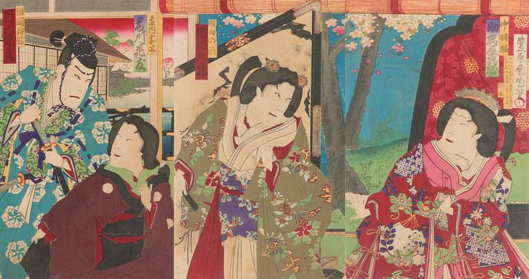 Toyohara Kunichika, triptych, woodcut, Japan.
