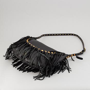 Valentino, a black leather hobo bag.
