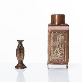 A silvered copper alloy tea caddy and a gilded copper alloy vase, unidentified makers, 19th Century.