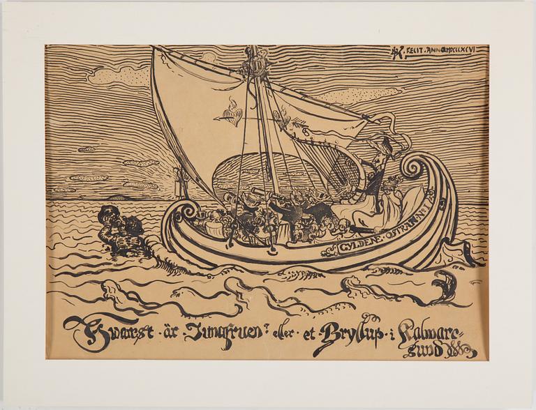 NILS KREUGER, indian ink on paper, signed NK with monogram and dated 1896 with roman numerals.