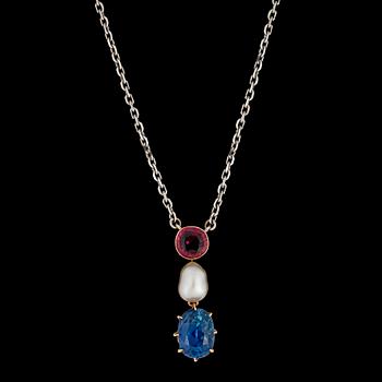 217. A ruby, sapphire and pearl pendant.