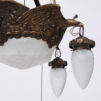 A Swedish Art Nouveau patinated brass hanging lamp attributed to Alice Nordin, Böhlmarks, Stockholm 1910's-20's.