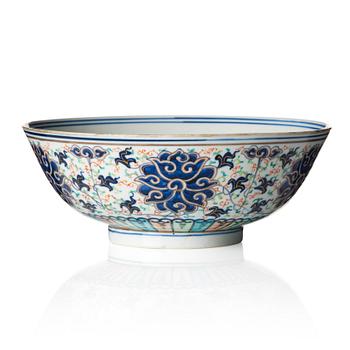 1291. A large 'lotus bowl', late Qing dynasty with Kangxi four character mark.