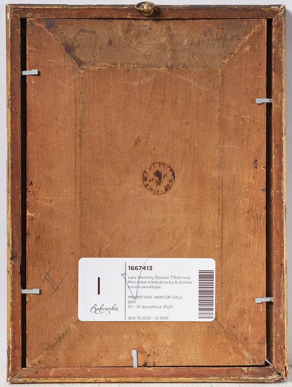 Lars Henning Boman, tillskrivna, Man med mineralhacka & Kvinna med kramsfåglar.