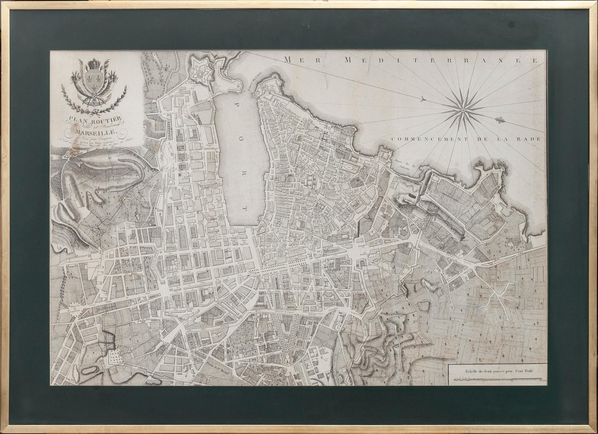 STADSKARAT, Plan Routier de la Ville de Marseille. Levé par Campen et Gravé par Denis Laurent. Omkring 1800.