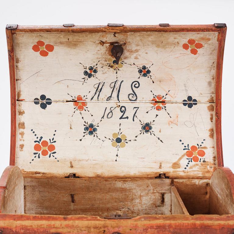 A painted provincial chest, Norbotten, Sweden, dated 1827.