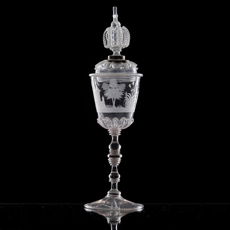 POKAL med samtida men ej ursprungligt LOCK, glas. Tyskland samt locket Kungsholms glasbruk, 1700-tal.