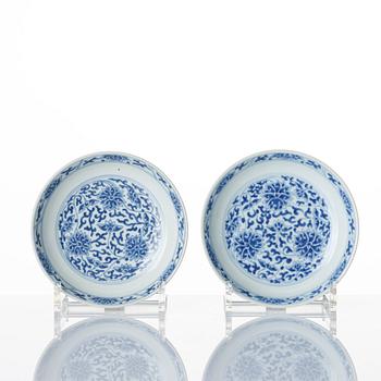 A set of nine blue and white lotus dishes, Qing dynasty with Daoguang seal mark.