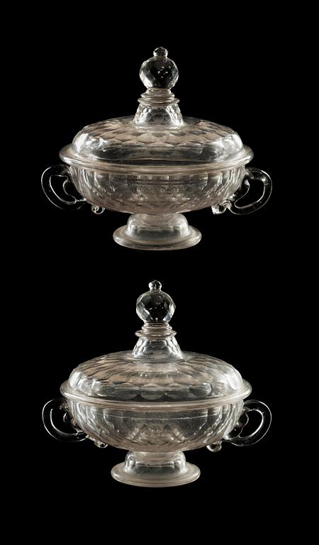 A pair of cut glas butter tureens with cover, 18th Century.