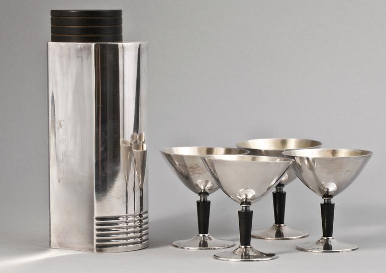 COCKTAILSET, 5 delar, nysilver, G.A.B design Folke Arström, 1930-tal.