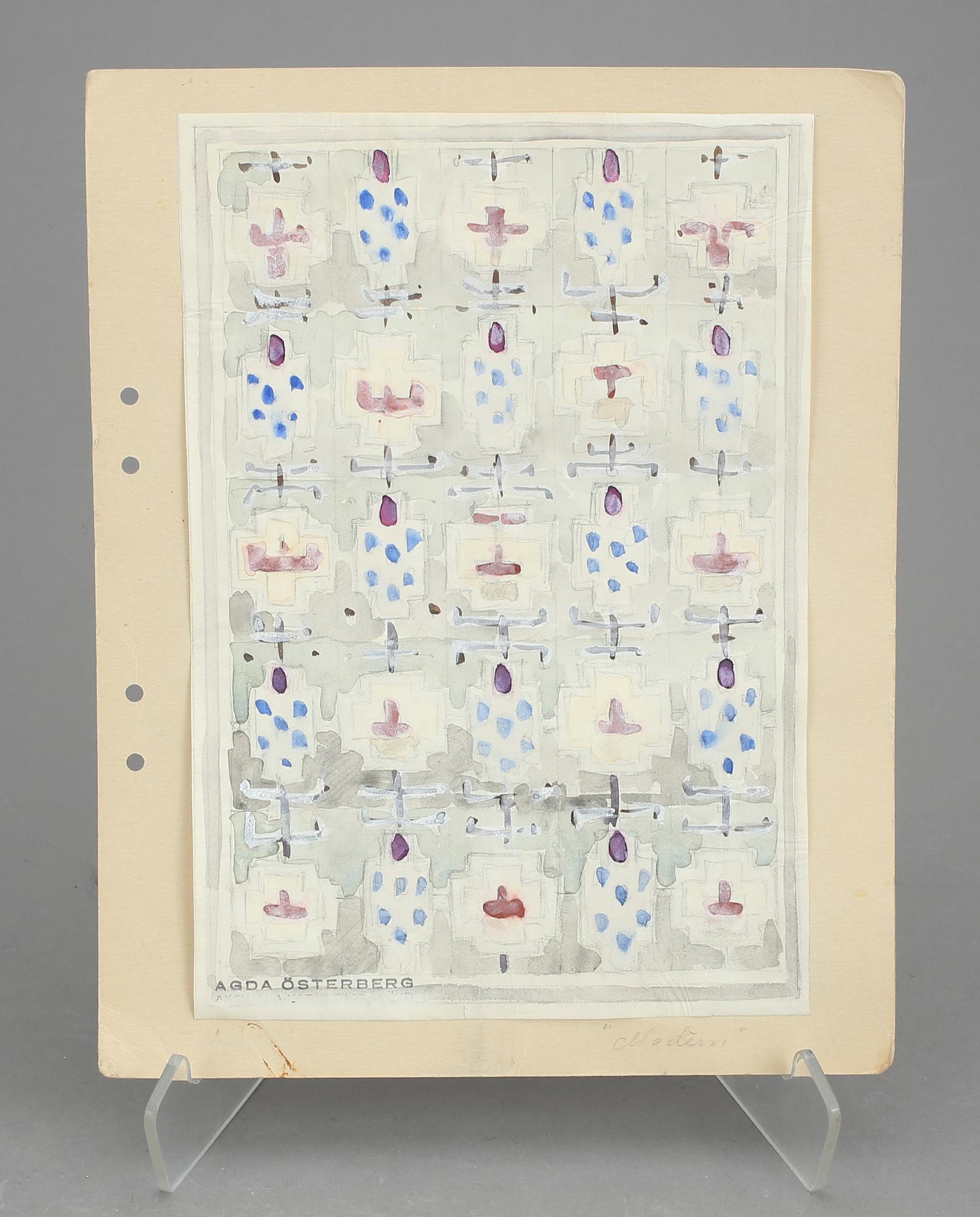 CARPET SKETCHES, 4 sheets. Watercolour and graphite. Three by Agda Österberg and one by Astrid Nyström.